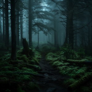 A dark forest with mossy pine trees.