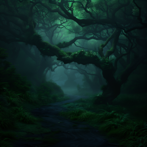 A dark forest with twisted trees.