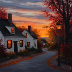 Small white cottage houses with a sunset.