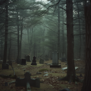 Gravestones amidst the pines.