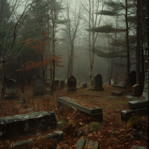 A pine needle strewn graveyard with fog.