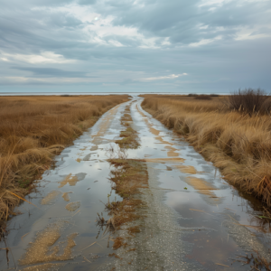 Water covered road through the salt marshes.