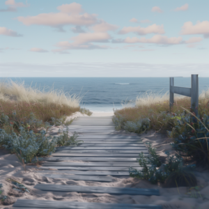 Wooden boardwalk through the dunes to the sea.