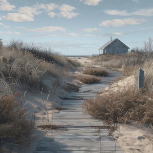 Beachside cabin among the dunes.