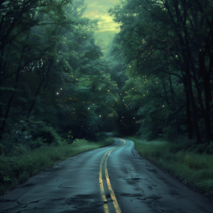 Dark two lane road through a firefly filled forest.